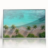 Framed acrylic wall art showcasing a serene beach landscape with vibrant colors, perfect for home decor. The white frame enhances the coastal scene's beauty.