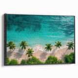 Framed canvas wall art showcasing a serene beach landscape with vibrant colors, featuring a black frame and side view presentation, ideal for home decor.