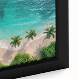 Framed canvas wall art showcasing a vibrant beach landscape design, featuring vivid blue skies, golden sands, and gentle waves, perfect for coastal decor.