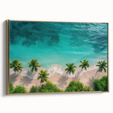 Framed canvas wall art depicting a serene beach landscape with vibrant colors, golden frame, and elegant design, perfect for enhancing modern home decor.