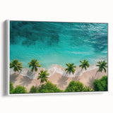 Framed canvas wall art showcasing a serene beach landscape with vibrant colors, set against a white backdrop, ideal for home decor and relaxation themes.