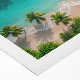 Rolled canvas wall art showcasing a serene beach landscape design with vibrant blue ocean waves and golden sandy shores, perfect for enhancing any coastal decor.