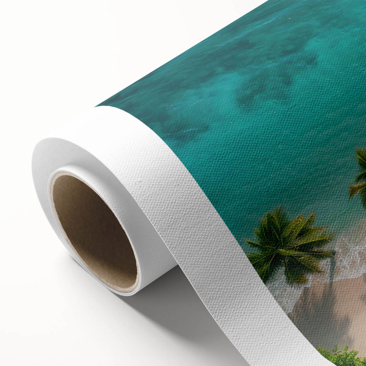 Vibrant rolled canvas wall art depicting a serene beach landscape with soft waves and golden sand, perfect for enhancing home decor and creating a calming atmosphere.