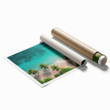 Vibrant beach landscape wall art print showcasing serene turquoise waters and golden sands, rolled and ready for framing, perfect for coastal decor enthusiasts.