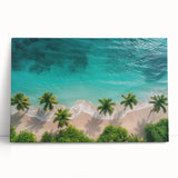 Stretched canvas wall art featuring a serene beach landscape with vibrant blue skies and gentle waves, perfect for adding a tranquil vibe to any room.