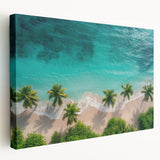 Stretched canvas wall art showcasing a serene beach landscape with vibrant colors and soft waves, perfect for coastal-themed decor. The side view highlights the depth and texture of the artwork, enhancing any living space with a tranquil vibe.