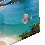 Close-up of a vibrant acrylic glass wall art piece showcasing a serene beach landscape, featuring soft pastel colors and intricate details that evoke tranquility. Ideal for home decor, this art collection enhances any living space with its calming aesthetic.