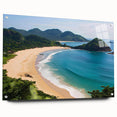Acrylic wall art collection showcasing a vibrant beach landscape design, displayed in a side view with pins, highlighting its glossy finish and vivid colors.
