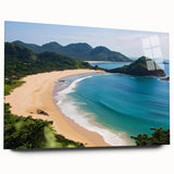 Acrylic glass wall art collection showcasing a vibrant beach landscape design in a side view, highlighting the artwork's vivid colors and details. Perfect for coastal home decor.
