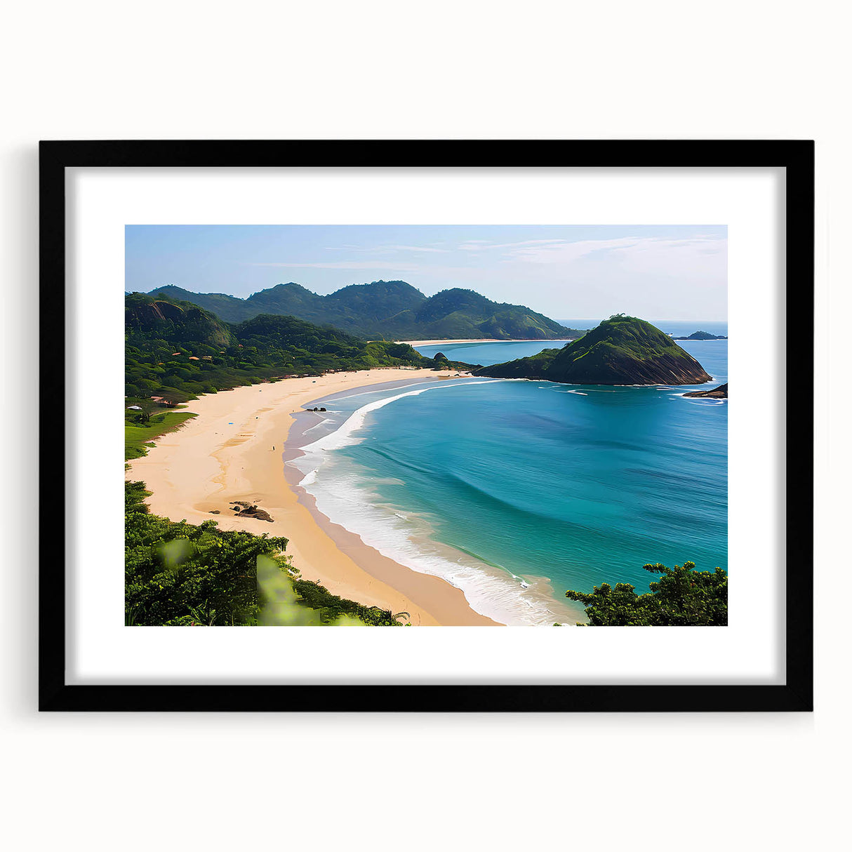 Framed wall art collection showcasing a serene beach landscape design, featuring a black frame and mat, perfect for home decor and relaxation themes.