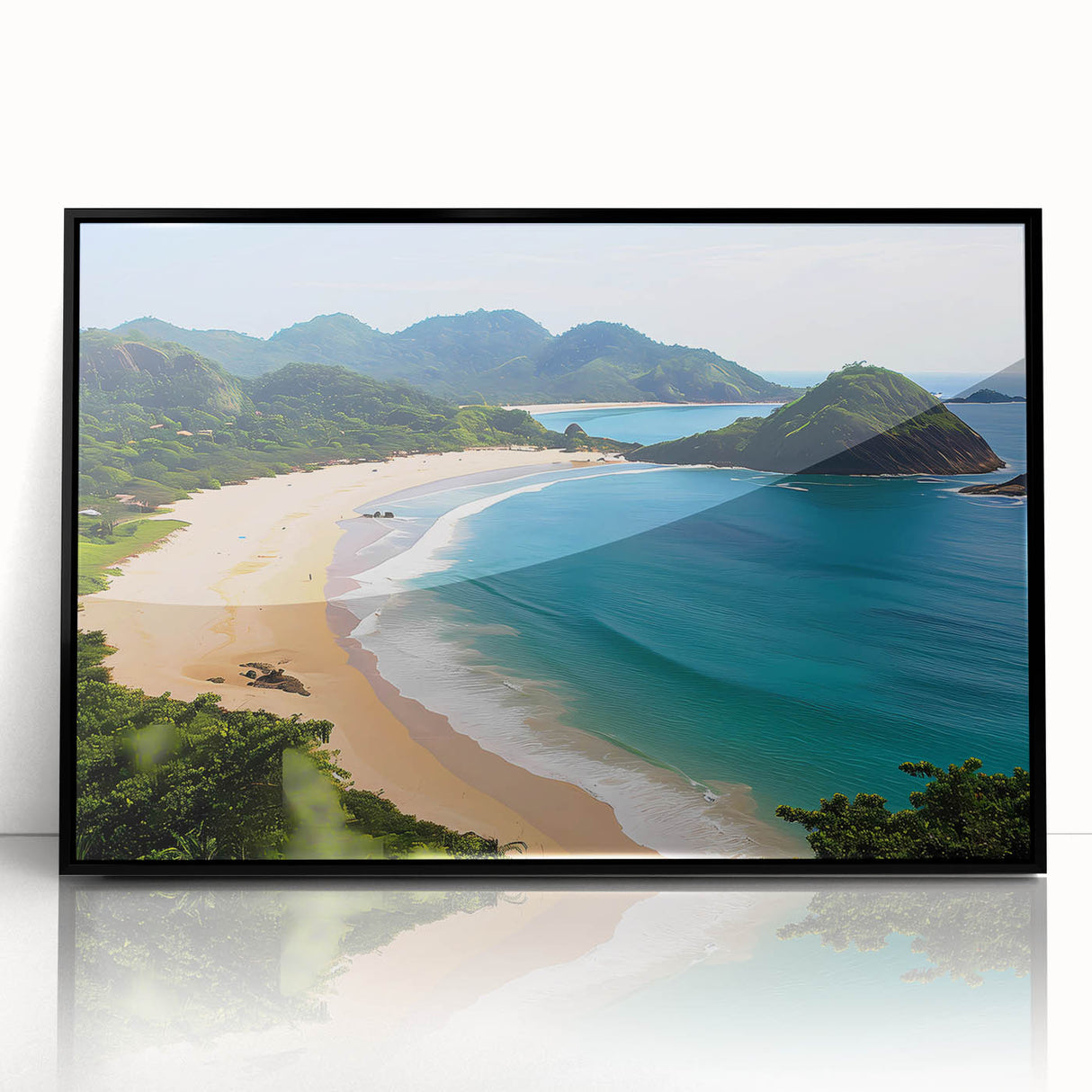 Framed acrylic wall art featuring a serene beach landscape design, showcasing vibrant blue skies and tranquil ocean waves, ideal for coastal home decor.