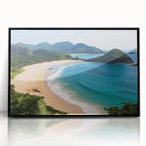 Framed acrylic wall art featuring a serene beach landscape design, showcasing vibrant blue skies and tranquil ocean waves, ideal for coastal home decor.