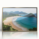 Framed acrylic wall art featuring a stunning beach landscape design with vibrant colors and a gold frame, perfect for enhancing modern home decor.