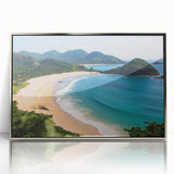 Framed acrylic wall art showcasing a serene beach landscape with vibrant colors, featuring a silver frame, perfect for enhancing modern home decor.