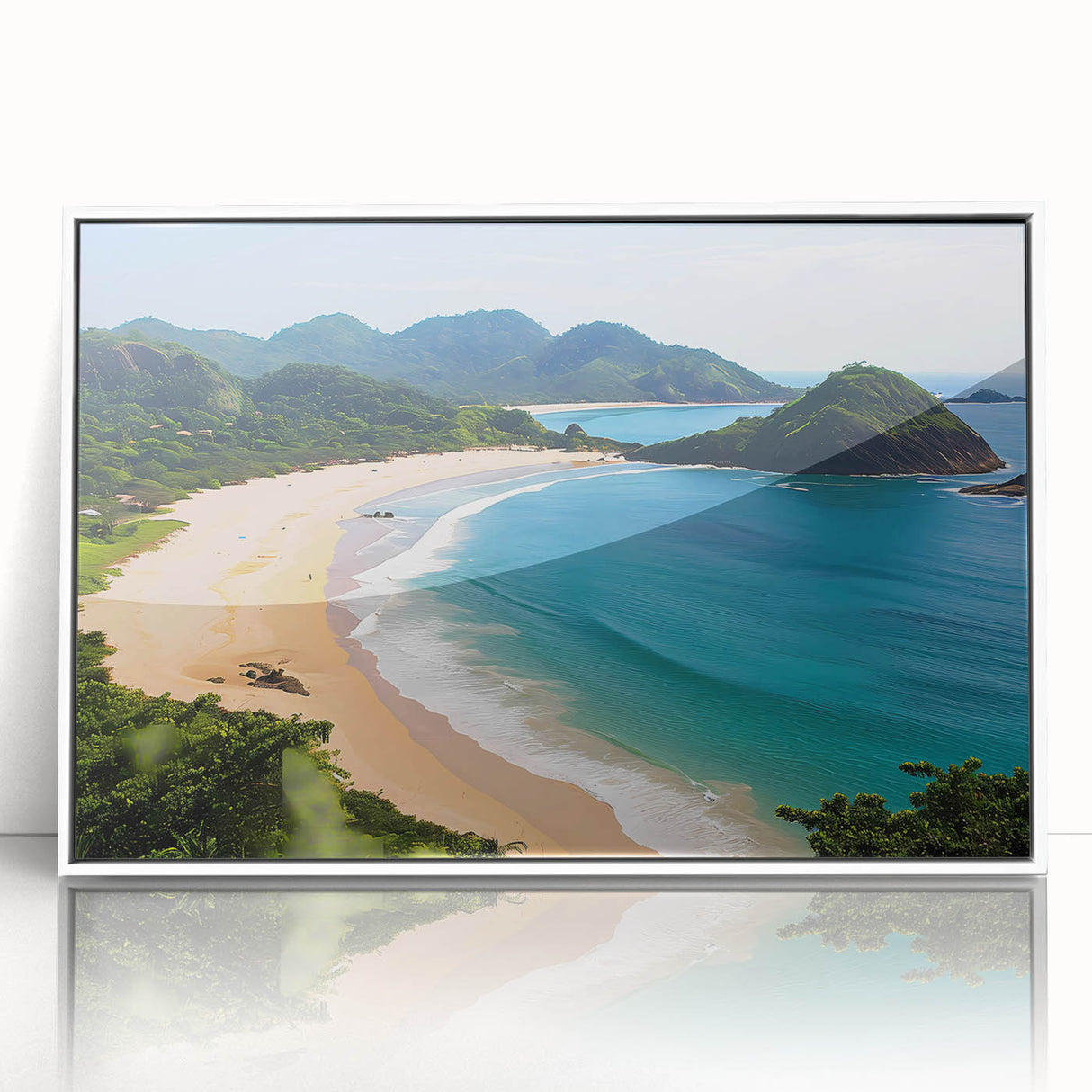Framed acrylic wall art depicting a serene beach landscape, featuring soft pastel colors and a white frame, ideal for enhancing modern home decor.