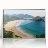 Framed acrylic wall art depicting a serene beach landscape, featuring soft pastel colors and a white frame, ideal for enhancing modern home decor.