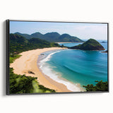 Framed canvas wall art showcasing a serene beach landscape with vibrant colors, featuring a black frame and side view presentation, perfect for home decor.