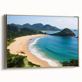 Framed canvas wall art showcasing a serene beach landscape with vibrant colors and a gold frame, ideal for enhancing modern home decor. The artwork captures the essence of coastal tranquility, making it a perfect addition to any living space.
