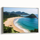 Framed canvas wall art showcasing a serene beach landscape with vibrant colors and silver accents, perfect for enhancing modern home decor.