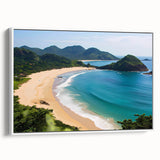 Framed canvas wall art of a serene beach landscape, showcasing vibrant colors and fine details, viewed from the side against a white background, perfect for home decor.