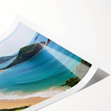 Vibrant beach landscape wall art print showcasing serene ocean waves and golden sand, rolled and ready for framing, perfect for coastal-themed decor.