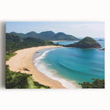 Stretched canvas wall art depicting a serene beach landscape with vibrant colors and gentle waves, perfect for enhancing home decor and creating a calming atmosphere.