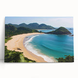 Stretched canvas artwork showcasing a serene beach landscape with vivid blue skies and soft sandy shores, ideal for enhancing coastal-themed home decor.