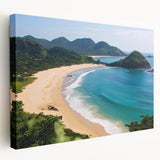 Stretched canvas wall art showcasing a serene beach landscape with vibrant colors, perfect for home decor. Ideal for enhancing interior aesthetics with a coastal theme.