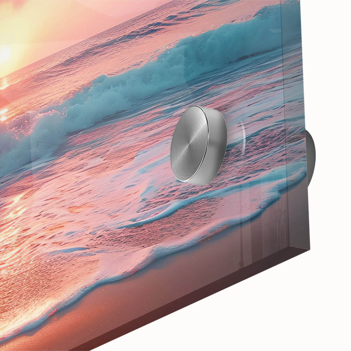 Close-up of a vibrant acrylic beach landscape wall art piece, showcasing vivid colors and intricate details, perfect for home decor enhancement. Ideal for coastal-themed interiors.