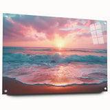 Acrylic glass wall art collection featuring a vibrant beach landscape design, displayed from the side with decorative pins, ideal for coastal-themed decor.