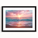 Black-framed wall art featuring a serene beach landscape design with vibrant colors, perfect for home decor. Ideal for coastal-themed interiors and artistic expressions.