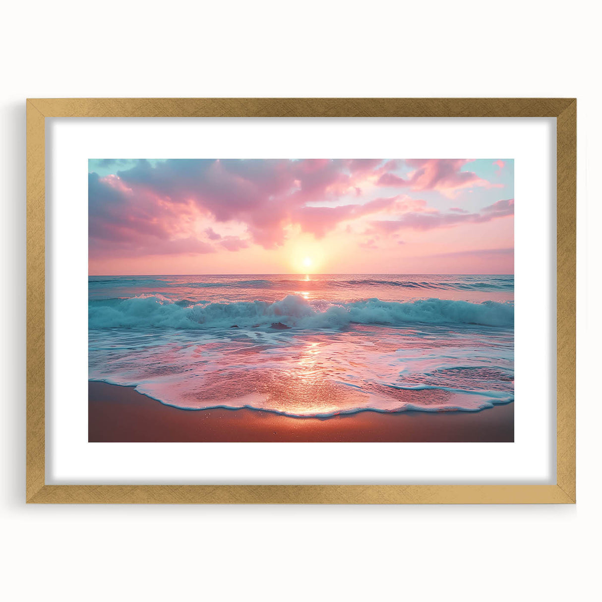 Elegant gold-framed wall art featuring a serene beach landscape, showcasing vibrant colors and intricate details, perfect for home decor and coastal themes.