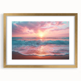 Elegant gold-framed wall art featuring a serene beach landscape, showcasing vibrant colors and intricate details, perfect for home decor and coastal themes.