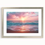 Framed wall art featuring a serene beach landscape, highlighted by a silver mat and frame, perfect for enhancing home decor and creating a calming atmosphere.