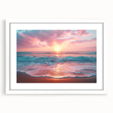 Framed wall art featuring a serene beach landscape design, presented in a sleek white frame with a mat, adding a modern touch to home decor. Ideal for enhancing coastal-themed interiors.