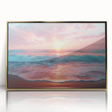 Framed acrylic wall art showcasing a serene beach landscape with golden accents, perfect for enhancing modern home decor. Ideal for coastal-themed interiors.