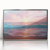Framed acrylic wall art showcasing a serene beach landscape design in silver tones, enhancing modern decor with a calming ocean view and elegant finish.