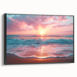 Framed canvas wall art showcasing a serene beach landscape with vibrant colors and intricate details, featuring a sleek black frame for a modern aesthetic. Ideal for home decor enthusiasts seeking to enhance their living space with coastal vibes.