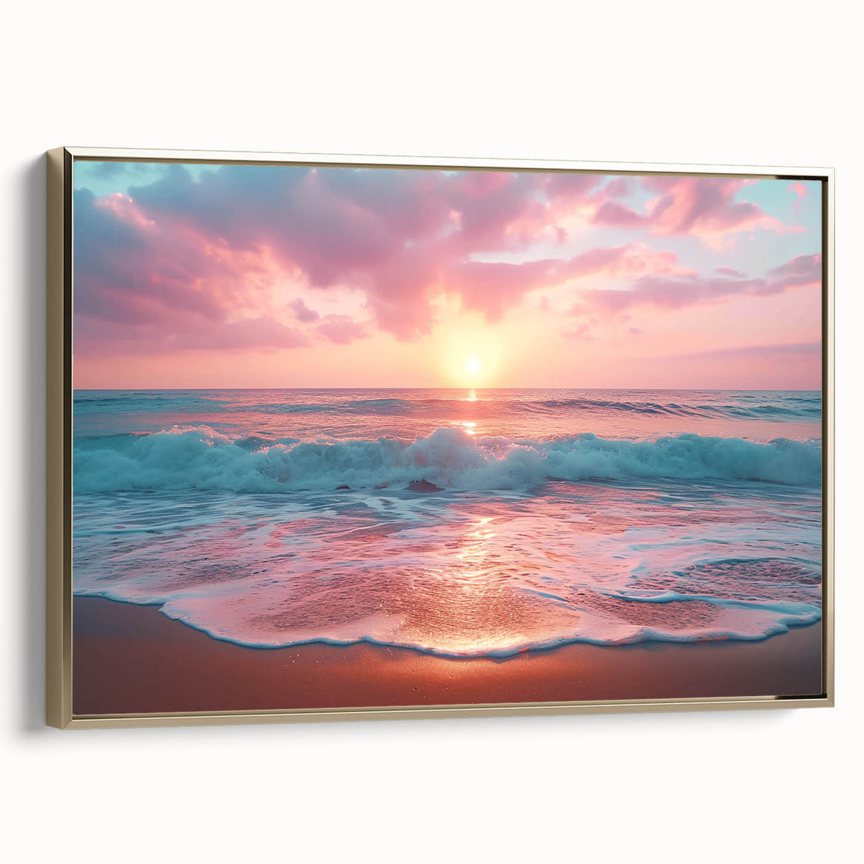 Framed canvas wall art depicting a serene beach landscape with golden accents, showcasing vibrant colors and detailed textures, ideal for home decor.