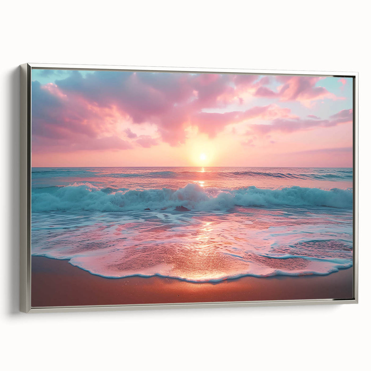 Framed canvas wall art showcasing a serene beach landscape with vibrant colors and intricate details, featuring a silver frame and perfect for coastal decor.