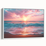 Framed canvas wall art featuring a serene beach landscape, showcasing vibrant blues and sandy tones. The artwork is elegantly displayed with a white frame, enhancing its coastal aesthetic. This piece adds a tranquil vibe to any room, perfect for beach lovers and home decor enthusiasts.
