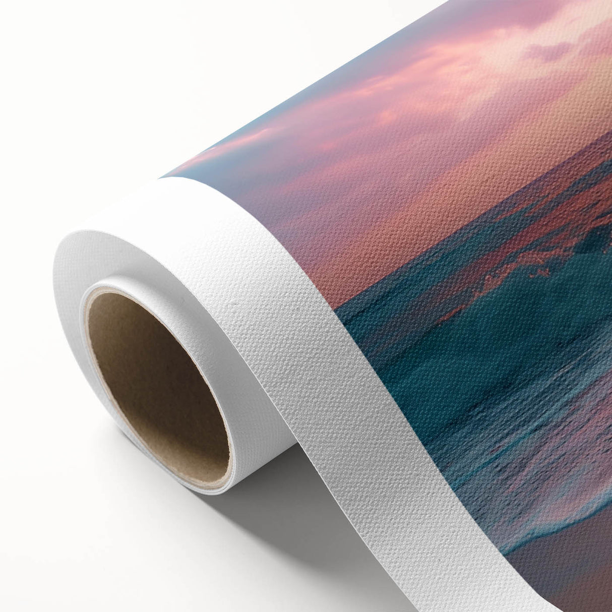 Stunning rolled canvas wall art depicting a serene beach landscape with vibrant colors, showcasing waves and a clear blue sky, ideal for home decor.