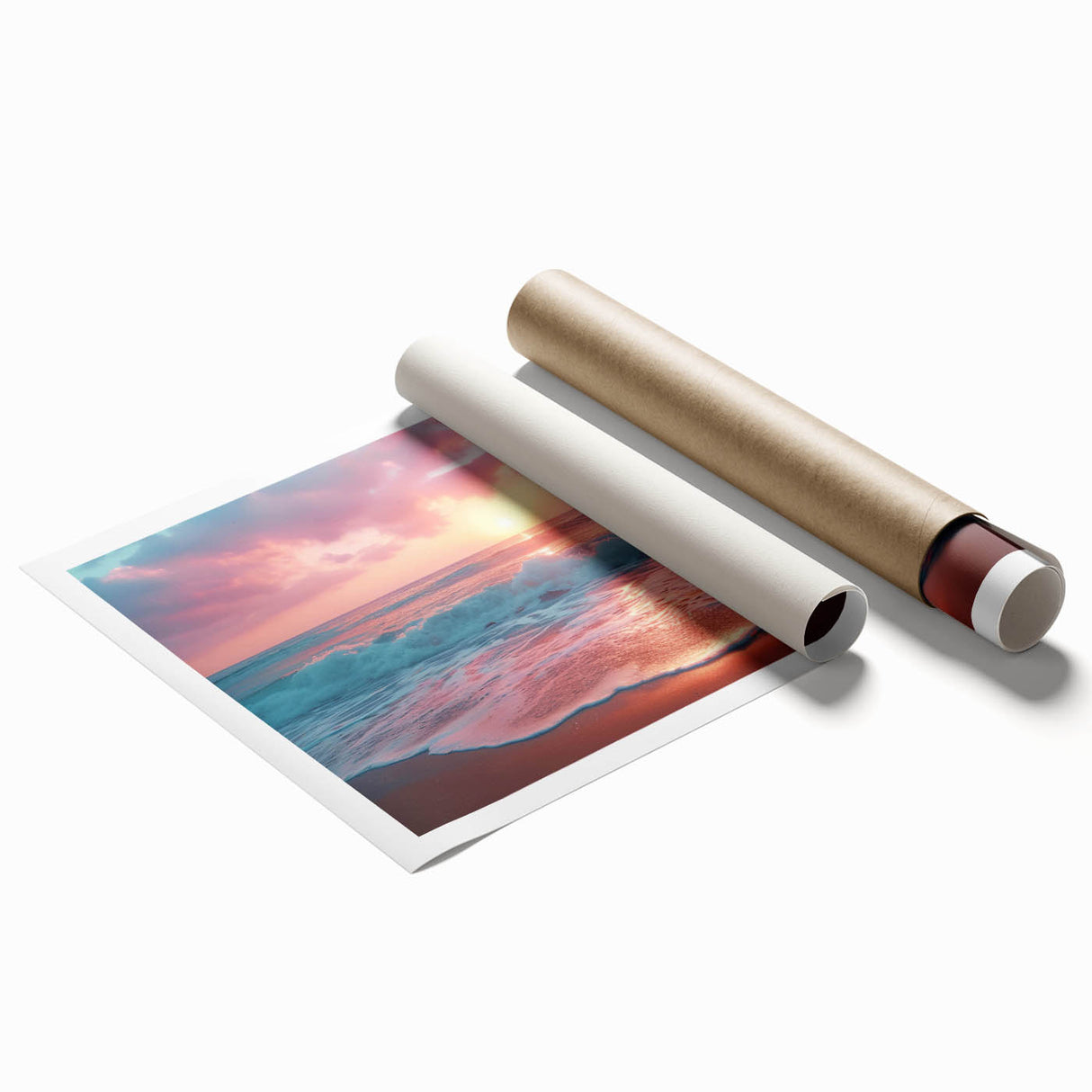 Vibrant wall art print showcasing a serene beach landscape, featuring soft pastel colors and gentle waves, rolled for easy display in a cozy living space.