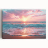 Stretched canvas wall art showcasing a serene beach landscape with vibrant blue skies and golden sands, ideal for enhancing any coastal-themed decor.