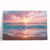 Stretched canvas artwork showcasing a vibrant beach landscape with serene blue waters and sandy shores, elegantly leaning against a wall, perfect for coastal decor.