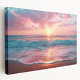 Stretched canvas wall art showcasing a serene beach landscape with vibrant colors, perfect for home decor. The side view highlights the texture and depth of the artwork, making it an ideal addition to coastal-themed interiors.