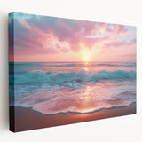 Stretched canvas wall art showcasing a serene beach landscape with vibrant colors, perfect for home decor. The side view highlights the texture and depth of the artwork, making it an ideal addition to coastal-themed interiors.