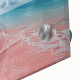 Close-up of vibrant acrylic glass wall art depicting a serene beach landscape with vivid colors and intricate details, perfect for home decor and coastal themes.