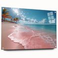 Acrylic glass wall art showcasing a serene beach landscape, featuring vibrant colors and intricate details, displayed in a side view with decorative pins for mounting. This piece enhances interior decor with its calming ocean scene, perfect for coastal-themed rooms.