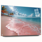 Acrylic glass wall art showcasing a serene beach landscape, featuring vibrant colors and intricate details, displayed in a side view with decorative pins for mounting. This piece enhances interior decor with its calming ocean scene, perfect for coastal-themed rooms.